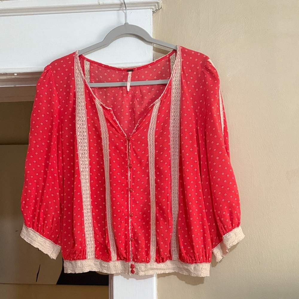 Free People Coral Blouse with Cream Details